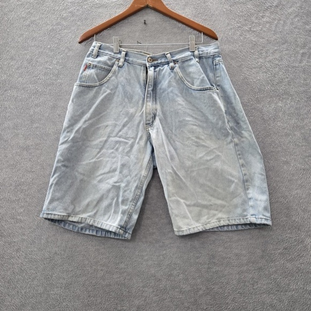VINTAGE Bugle Boy‎ Men Shorts 34W Blue Denim Gold Crest Baggy Grunge Skater Y2K